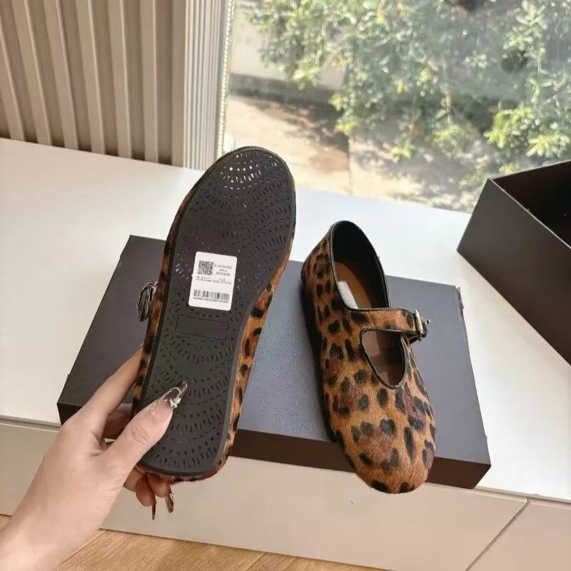Leopard print Single Button Mary Jane single Shoes For Women, Spring New Version, Retro Horsehair, Comfortable Flat Ballet Shoes