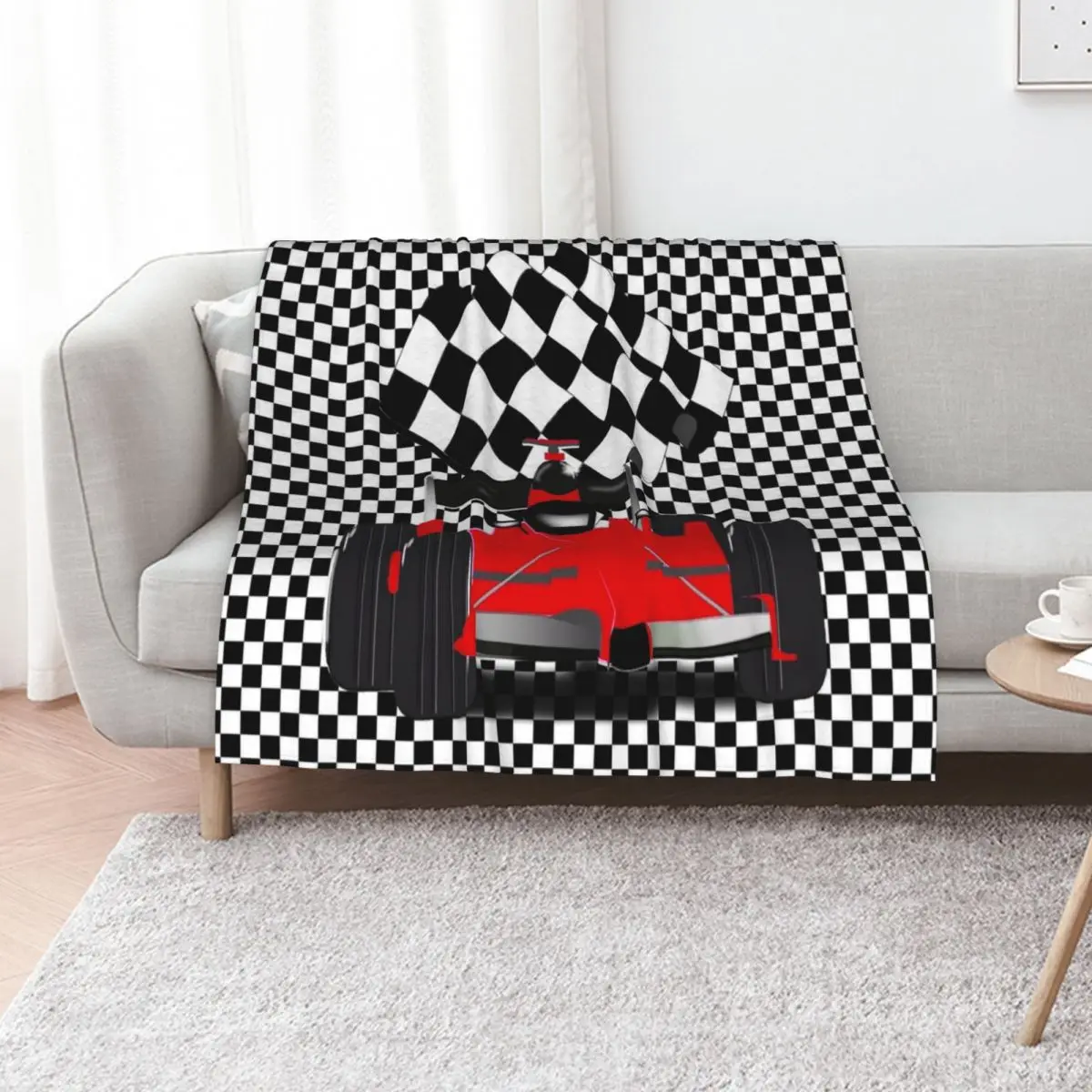 

RedRace Car with Checkered Flag Throw Blanket Cute Flannel Decorative Beds blankets ands Blankets