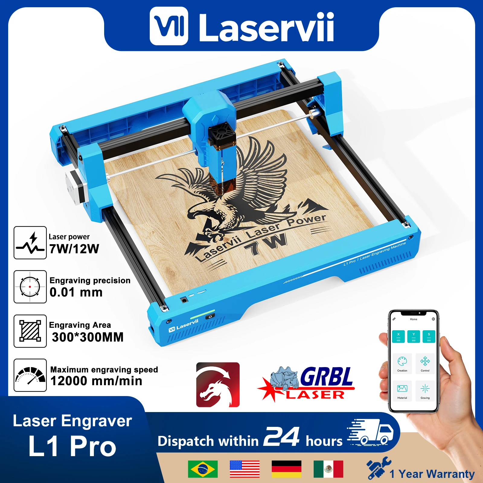 Laservii L1 Pro 7/12W Lasergraveermachine CNC Home DIY Lasercutter Graveermachine Metaal Lasergraveermachine Voor Acryl Houtbewerking