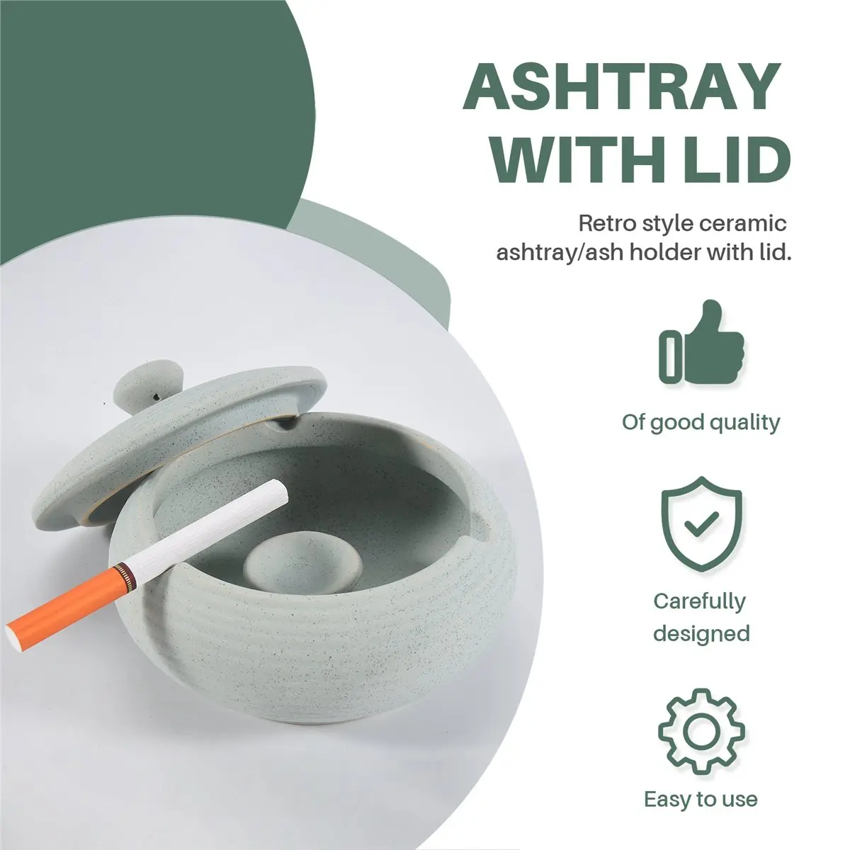 Present Ceramic Ashtray with Windproof Lid for Indoor Outdoor Use -Light Blue