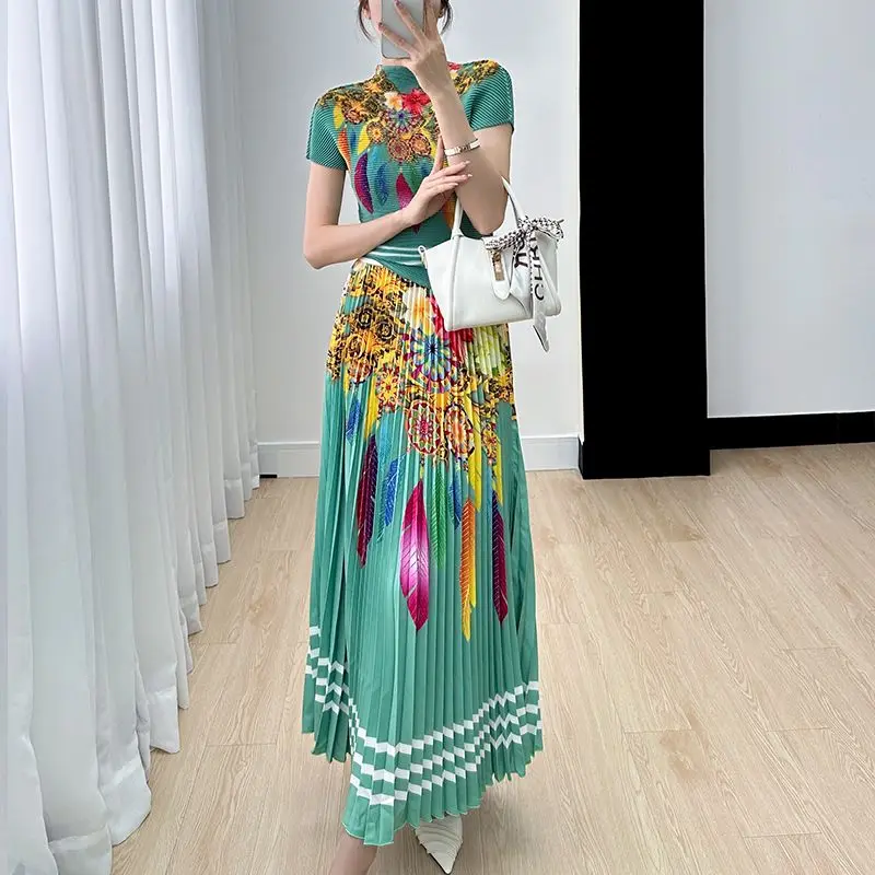 Miyake Retro Skirts Set 2026 Summer New Short Sleeve Tops + Printed Pleated Skirt Two Piece Suits Women Fashion Skirts Outfits
