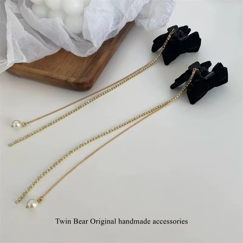 Original Rhinestones Tassel Velvet Bow Handmade Grip Clip Women Black Hair Claw Set Hair Accessory