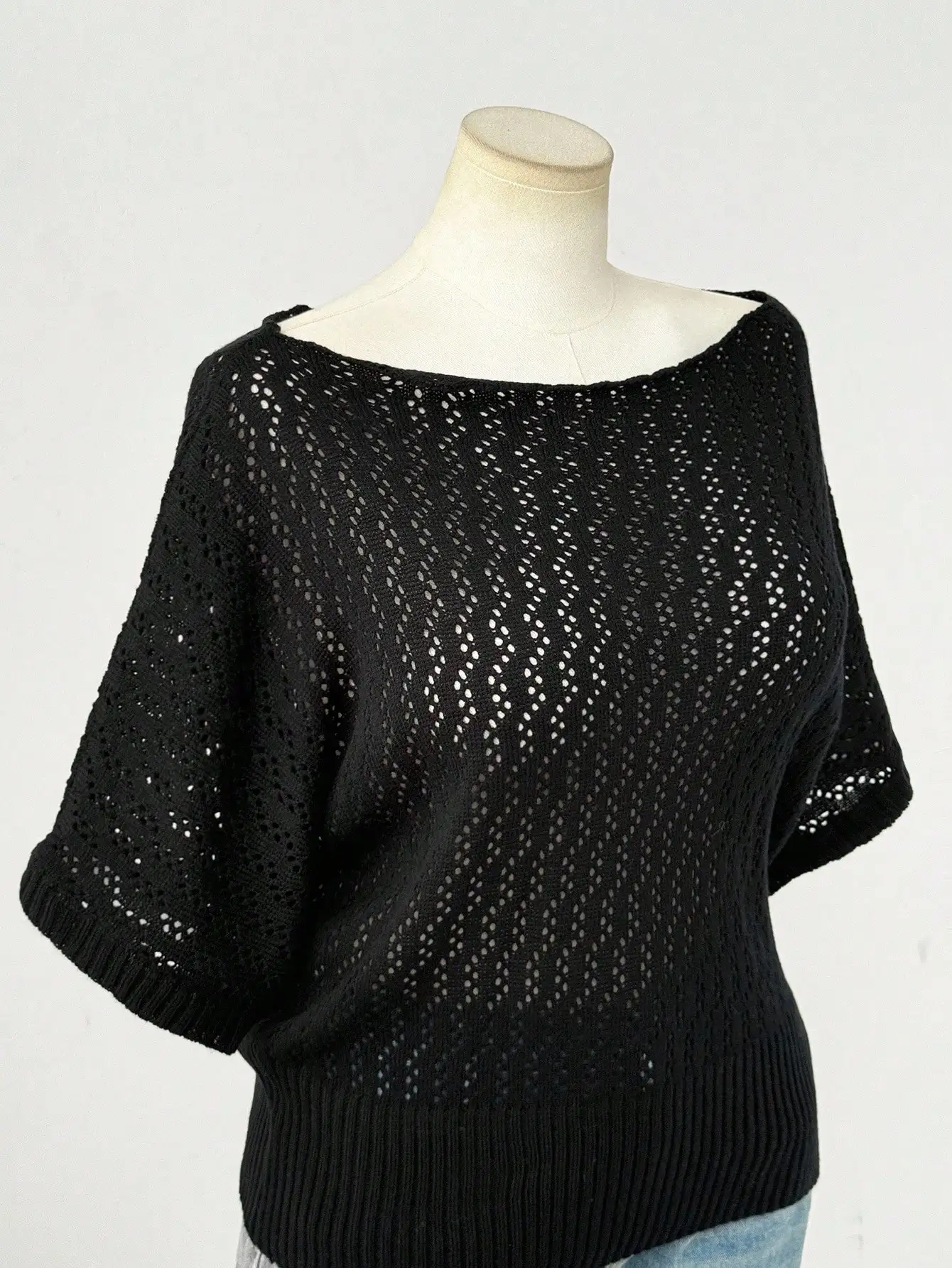 

Black Hollow Out Knit Top Women Loose Boat Neck Short Sleeve Vintage Gothic Style