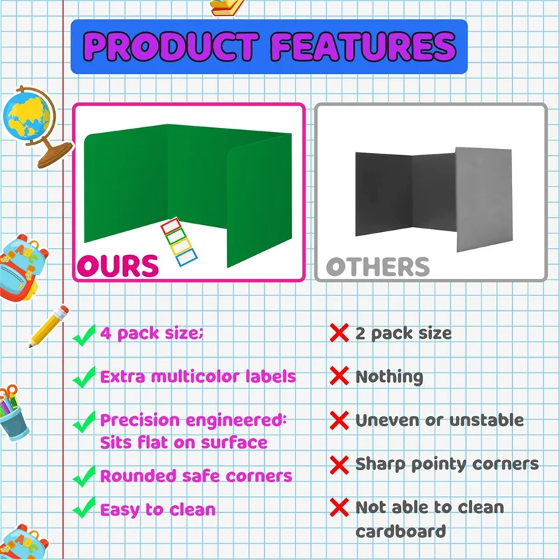 AED7-4 Pack Colorful Privacy Floders For Student Desks - Plastic Erasable - Testing Dividers For Classroom - Easy Clean