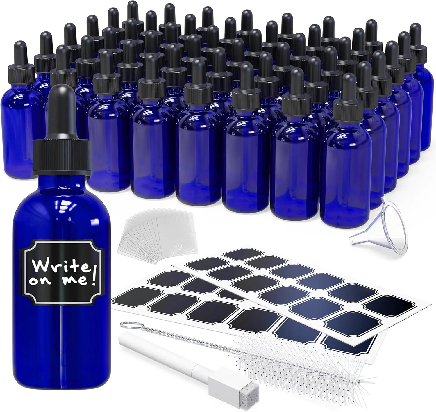 

Cobalt Blue Glass Dropper Bottle 2oz 48 Pack with Funnel, Brush, Labels & Shrink Wrap