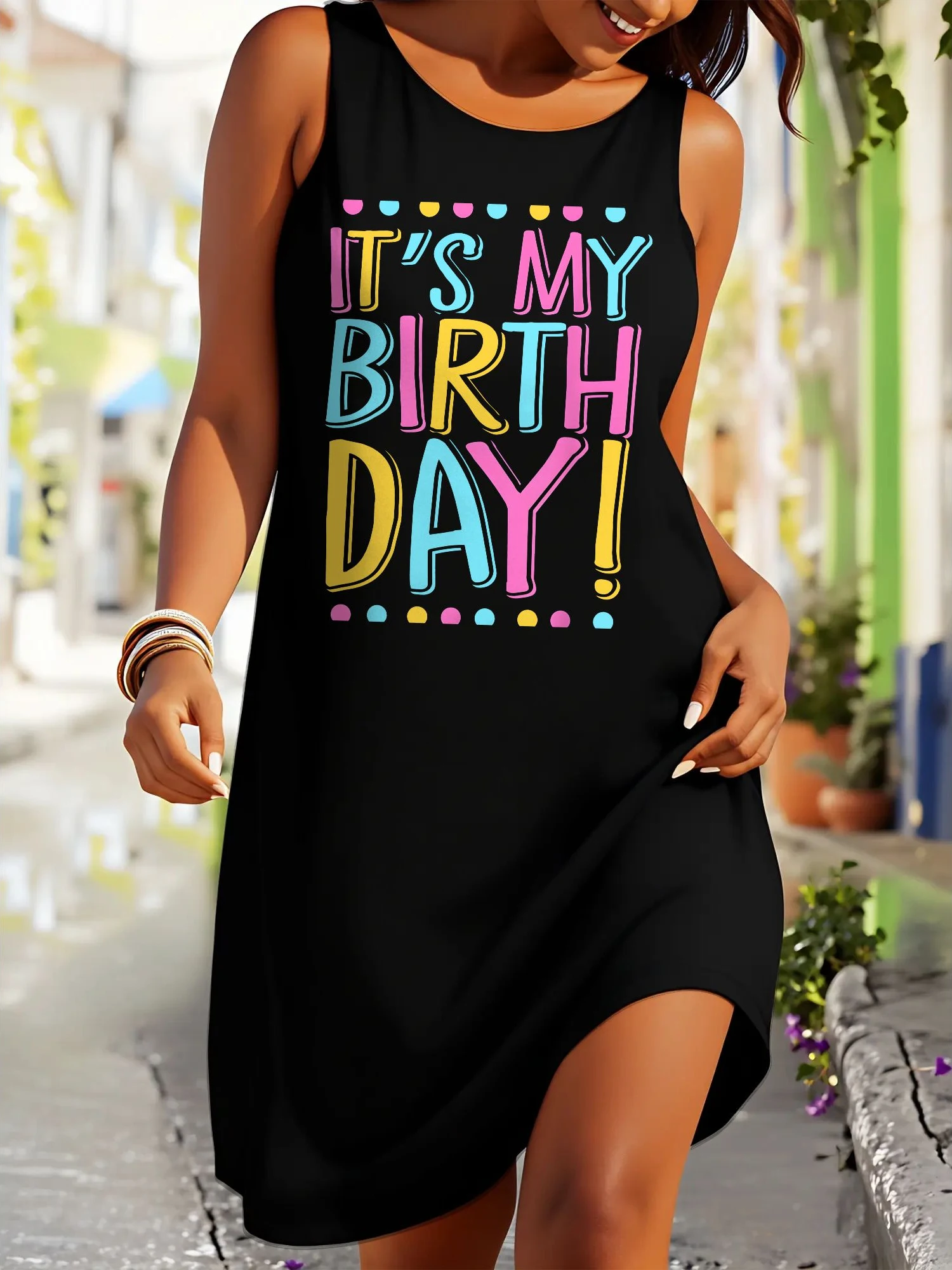 Plus Size Womens Elegant Casual Dress - It's My Birthday Pastel Print Fashion Sleeveless Crew Neck Dress - Perfect For Summer Vacation & Great Gift