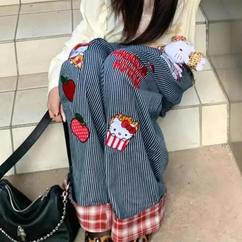 New Hello Kitty Jeans Women's Letter Embroidered Cowboy Pants Fashion Striped High Waist Wide Leg Pants Girls' Loose Pants ﻿