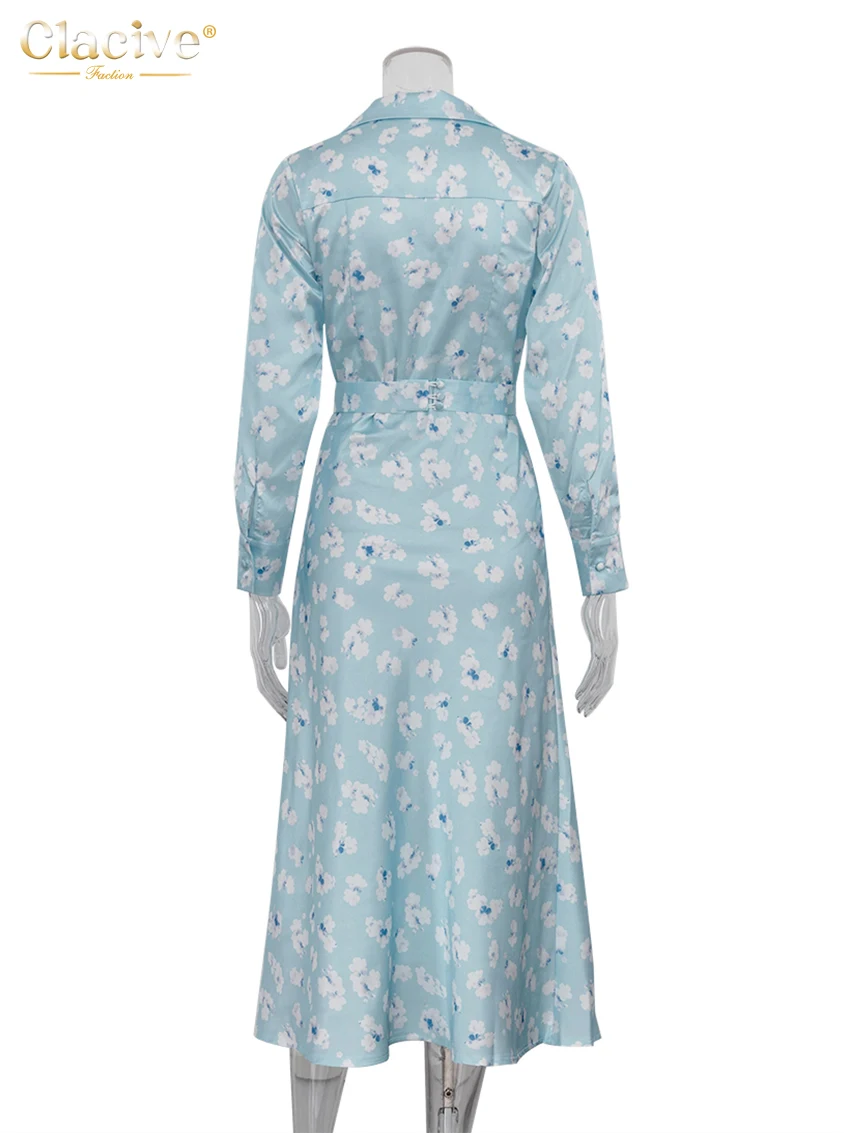 Clacive Fashion Slim Print Women's Dress 2025 Casual Lapel Long Sleeve Midi Dresses Elegant Classic High Waist Female Dress - Image 6