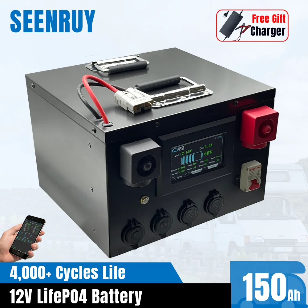 12V 150Ah LiFePO4 Battery Pack Built-in Active Balance Bluetooth BMS 1.8kWh Deep Cycle for RV Motorhome Solar Power System