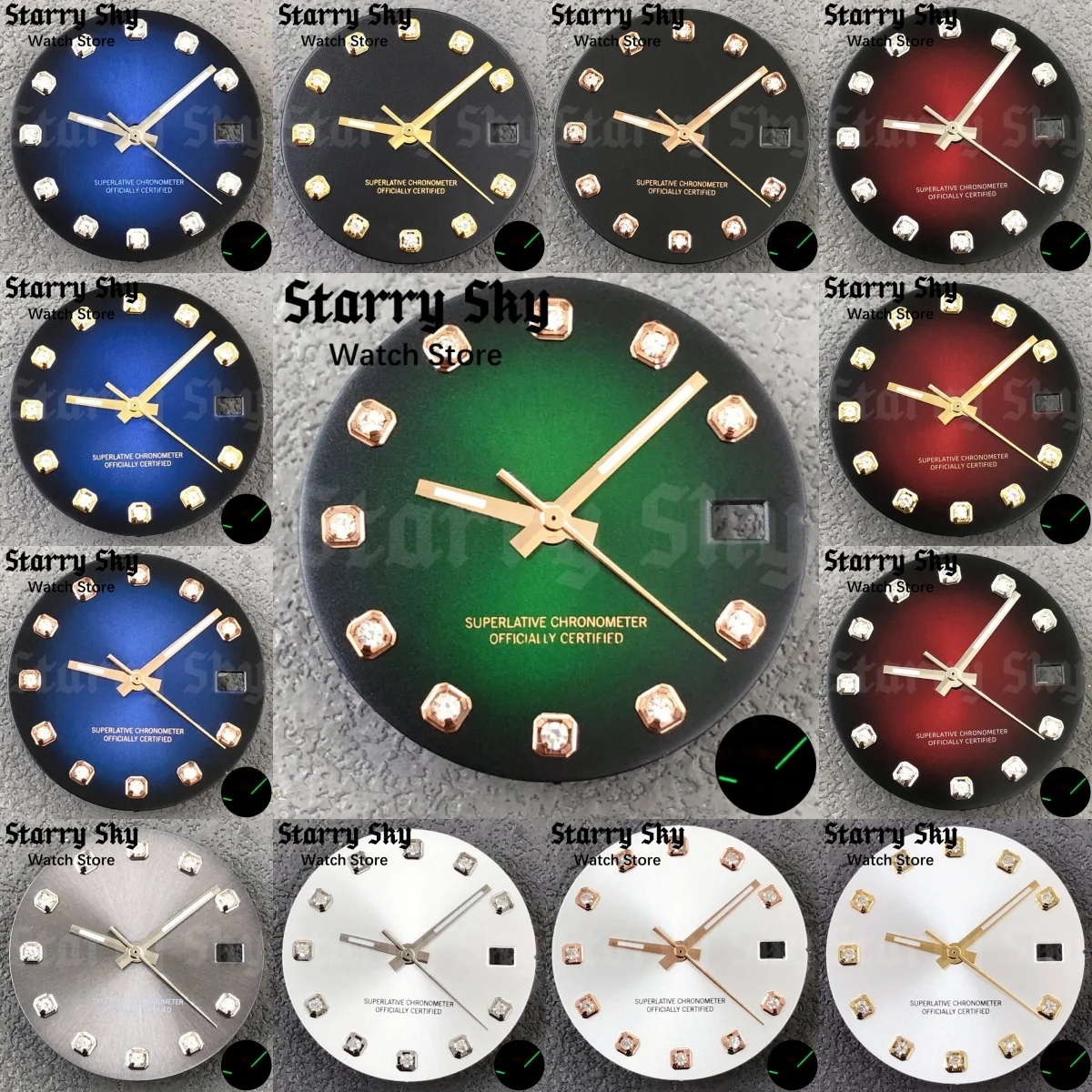 Starry Sky 29mm Gradient Color Diamond Index Watch Dial With Green Luminous Watch Hands Suitable NH35 Movement Watch Accessories