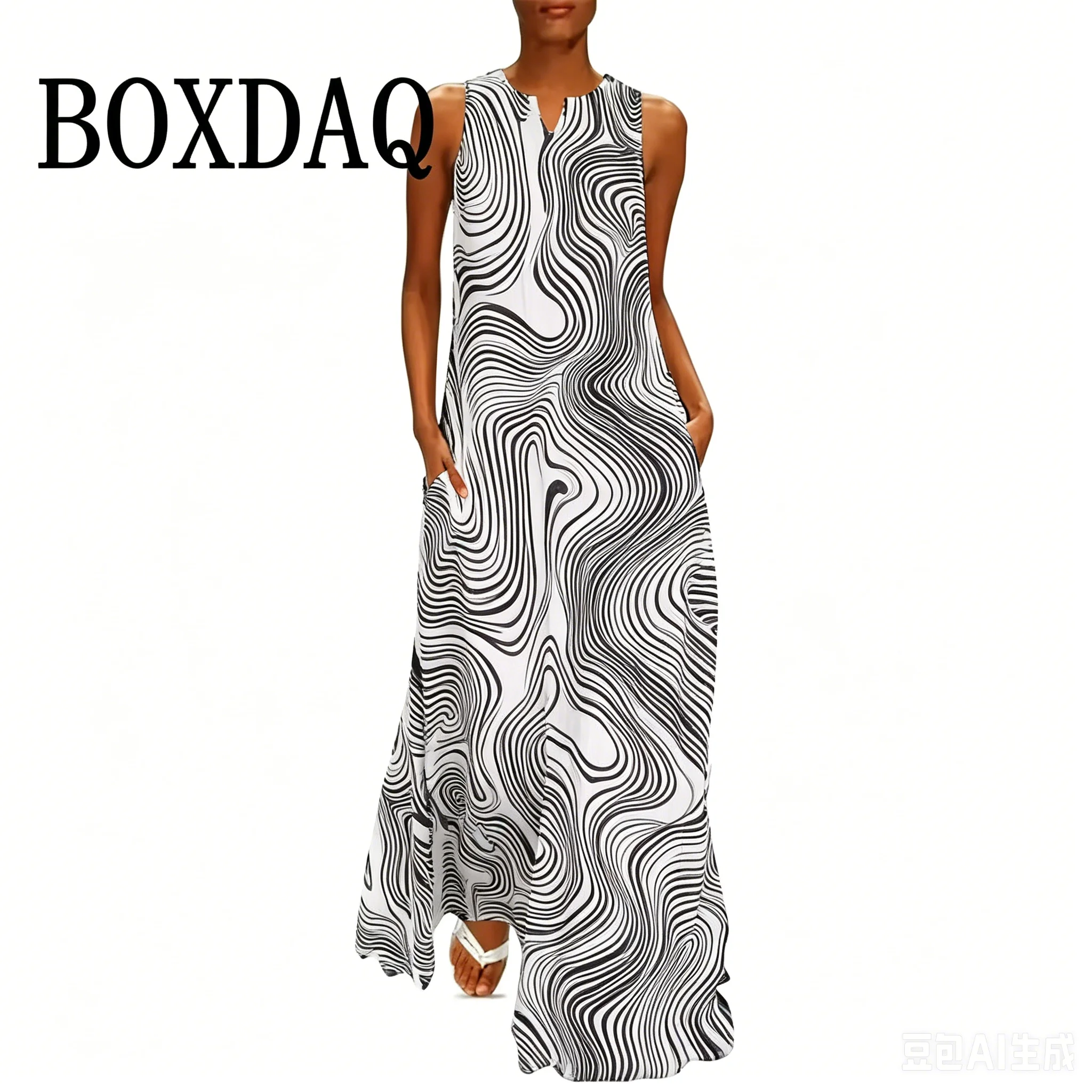 Gradient abstract Irregular Lines Long Dresses For Women Elegant 2026 Summer Sleeveless Dress Casual V-Neck Print Maxi Sundress