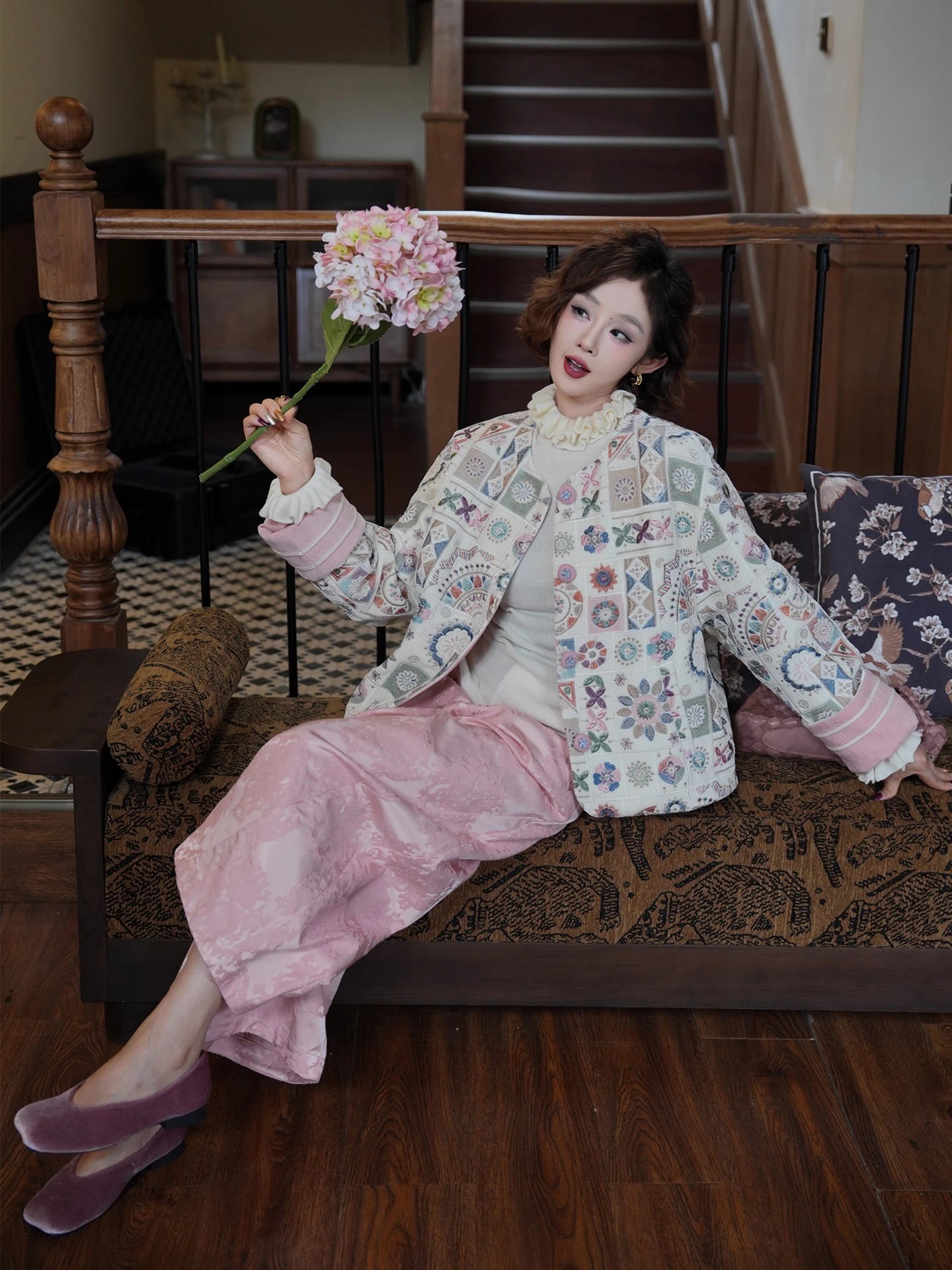 

Yolo Original Heavyweight Bright Sequin Waist Nut Flower Embroidery down Jaet Women's Casual Sle Long Sve Warm Coat