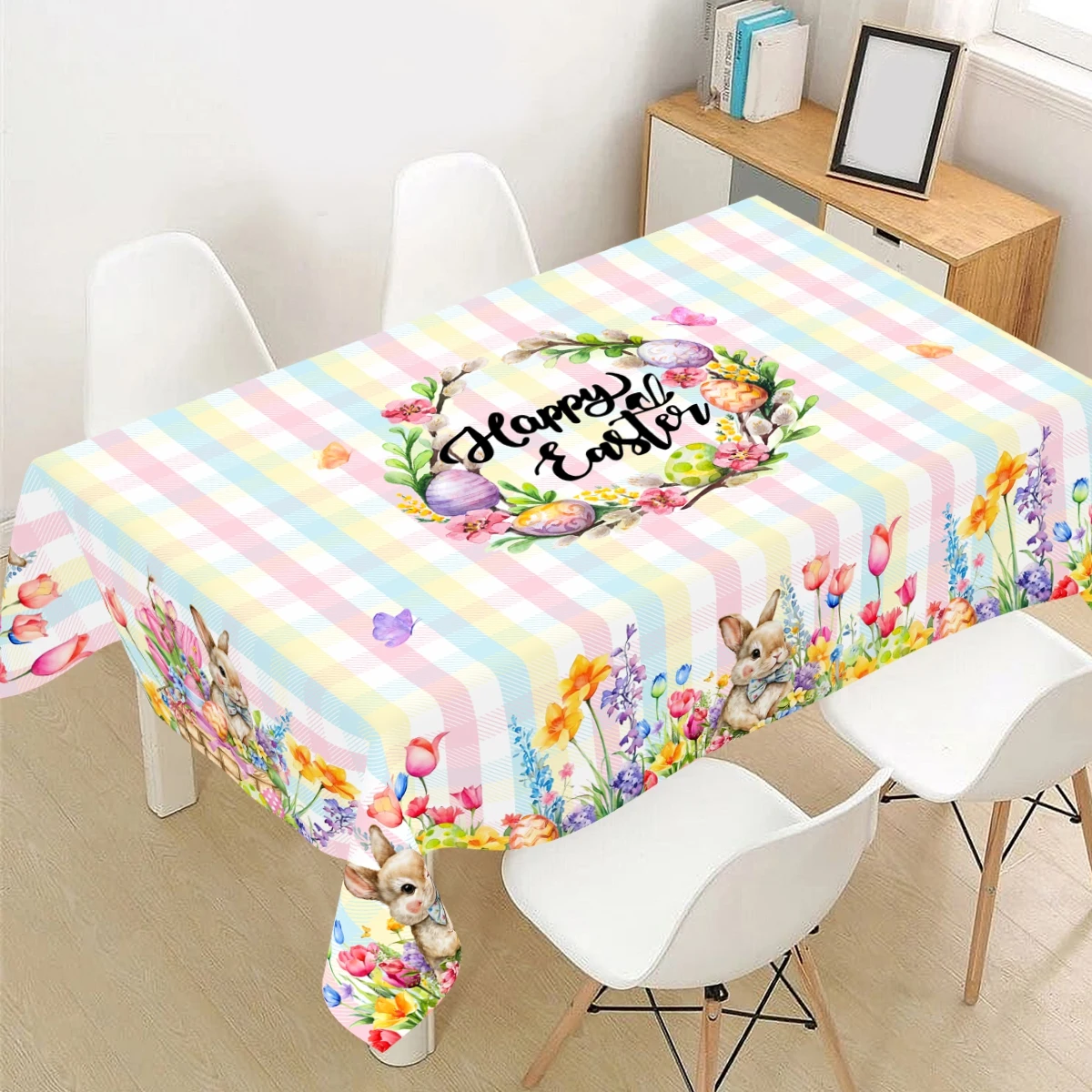 Easter Bunny Tablecloth Polyester Rabbit Eggs Flower Table Cover Happy Easter Decoration For Home Kitchen Dining Table Decor