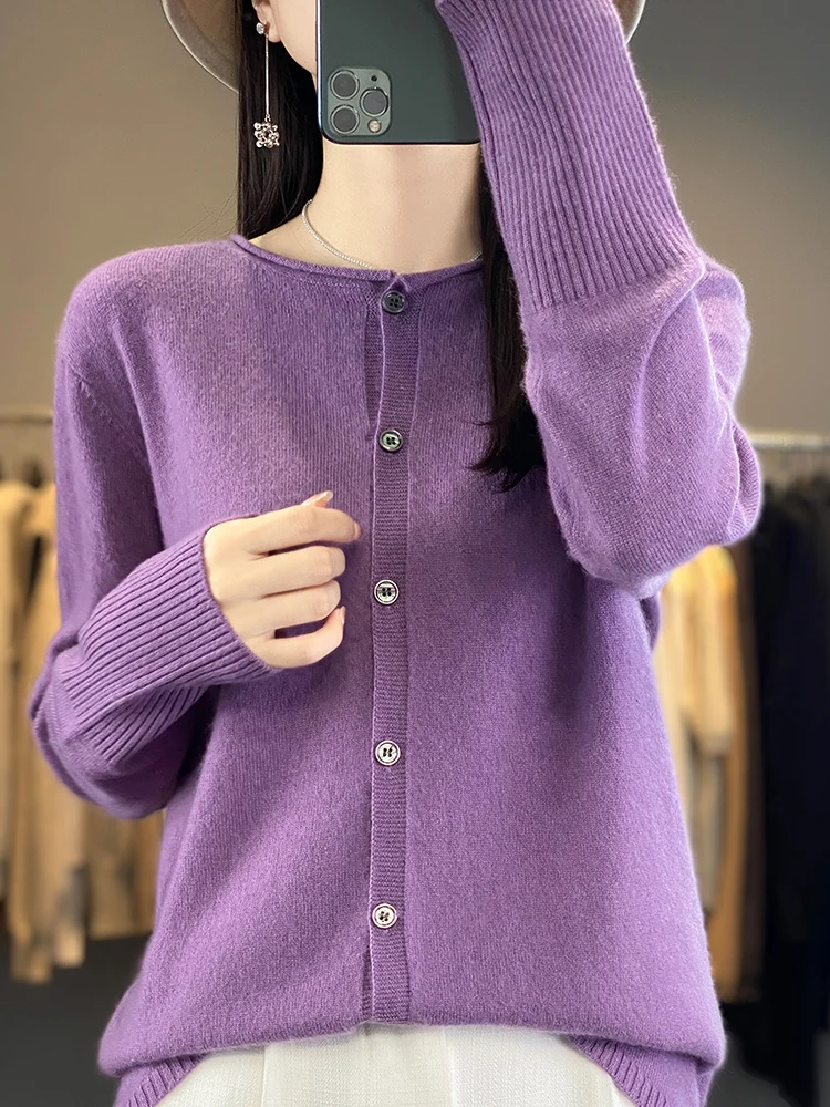 New Chic Spring Women O-neck Grace Cardigan Sweater 100% Merino Wool Solid Cashmere Knitted Female Clothing Korean Style Tops