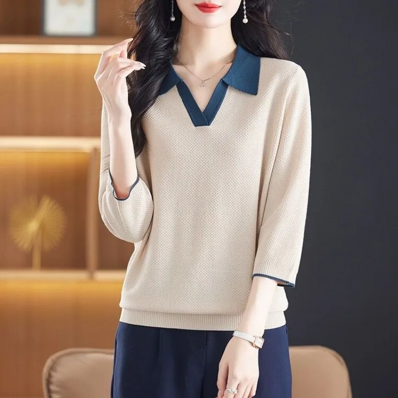 Women's New Patchwork Fashion Solid Color Loose Bottoming Lapel Three-quarter Sleeve Sweater Top