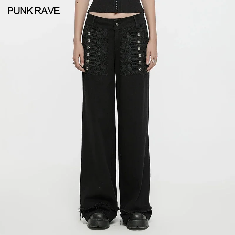 PUNK RAVE Women's Punk Straight Handsome Casual Loose Jeans Exquisite 3D Lace Retro Feeling Personalized Trousers Streetwear