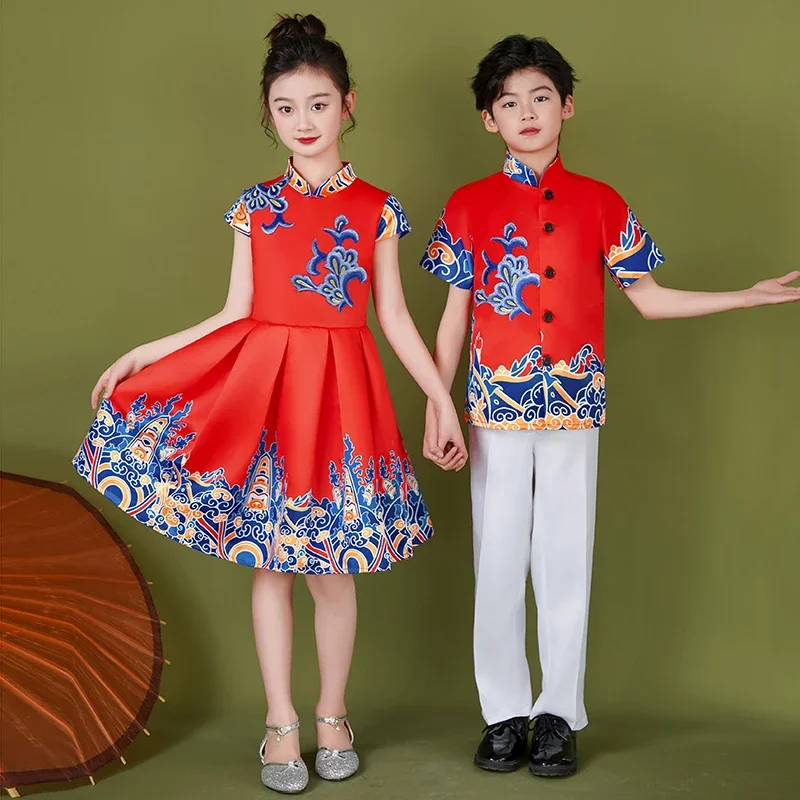 Children Cheongsam Princess Dress Choral Dress Puff Skirt Chinese Style Retro Costumes Chinese Guzheng Host Performance Clothing