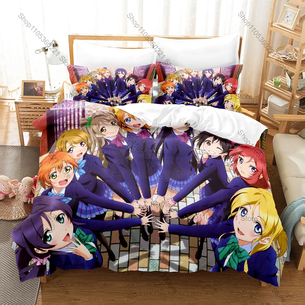 Colorful Group Graphic Love Live School Idol Anime Bedding Set Duvet Cover With 2 Pillowcases Teen Girly Bedroom Decor
