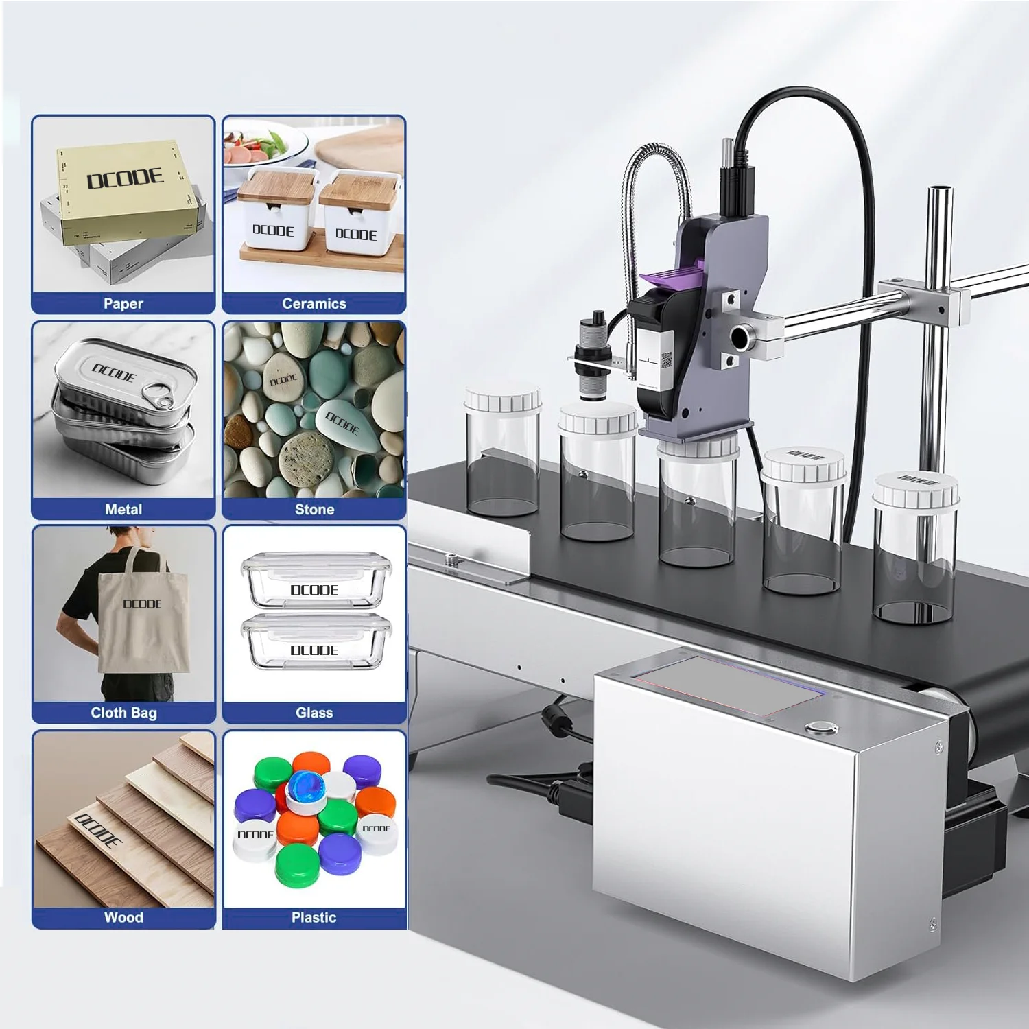 DCODE P30 12.7mm/25.4mm Inkjet Printer with Conveyor Belt 4.3inch Touchable Screen QR Barcode Expiry Date Text Coding Machine