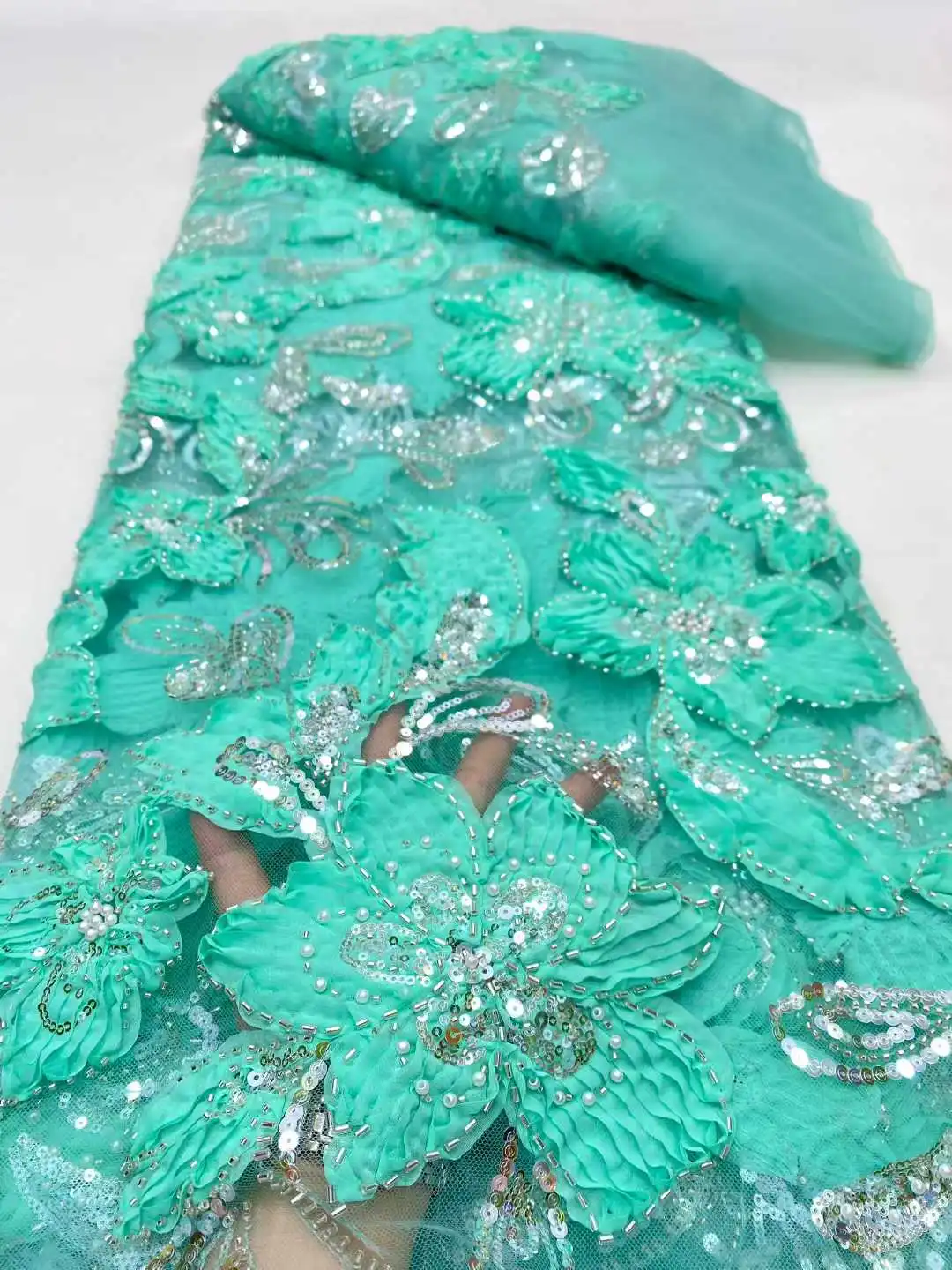 Tela de encaje de tul africano, tejido de encaje bordado con cuentas nigerianas 3d de alta calidad para vestidos de novia, superventas, 2026