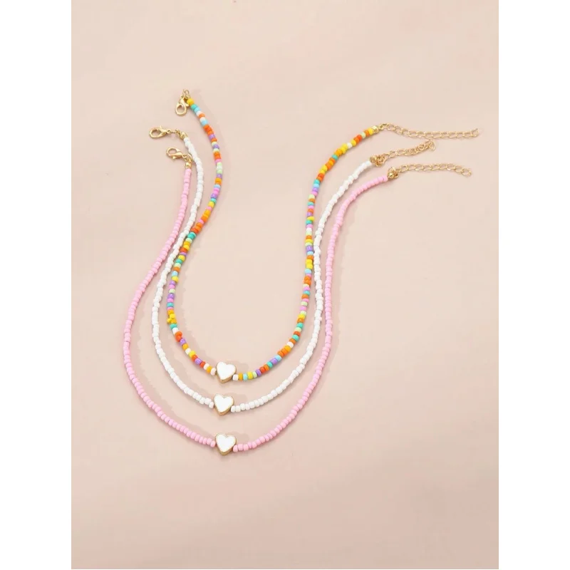 3pcs/Set Girls' Colorful Beaded Heart Necklace Set, Decorative Accessory For Daily Wear