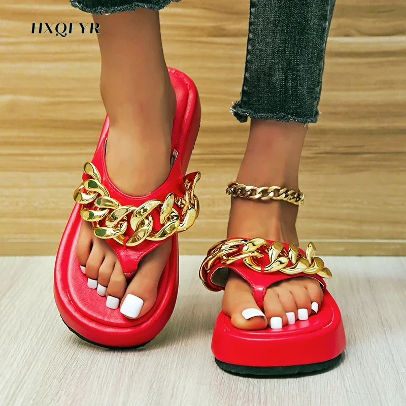 

2024 New Women's Sandals Women's Slippers Fashion Gold Chain Sandals Round Head Slippers Flat Heel Casual Slippers Size 36-43