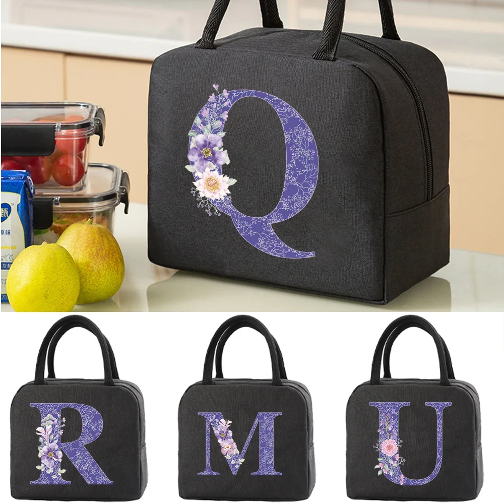 Insulated Lunch Bags Purple Flower Canvas Cooler Handbag for Portable Fridge Bag Lunch Box Food Bags for Kids Picnic Dinner Box