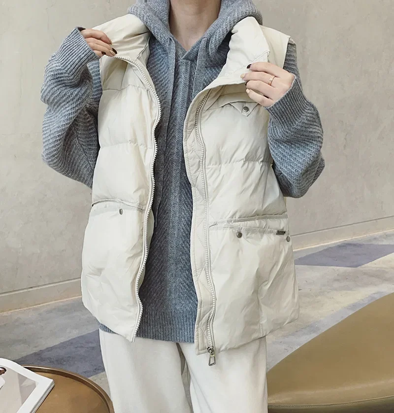 سترة نسائية بيضاء فاتحة للأسفل سترة نسائية قصيرة بدون أكمام كبيرة الحجم معطف سترات لخريف وشتاء 2025 سترة نسائية دافئة #3