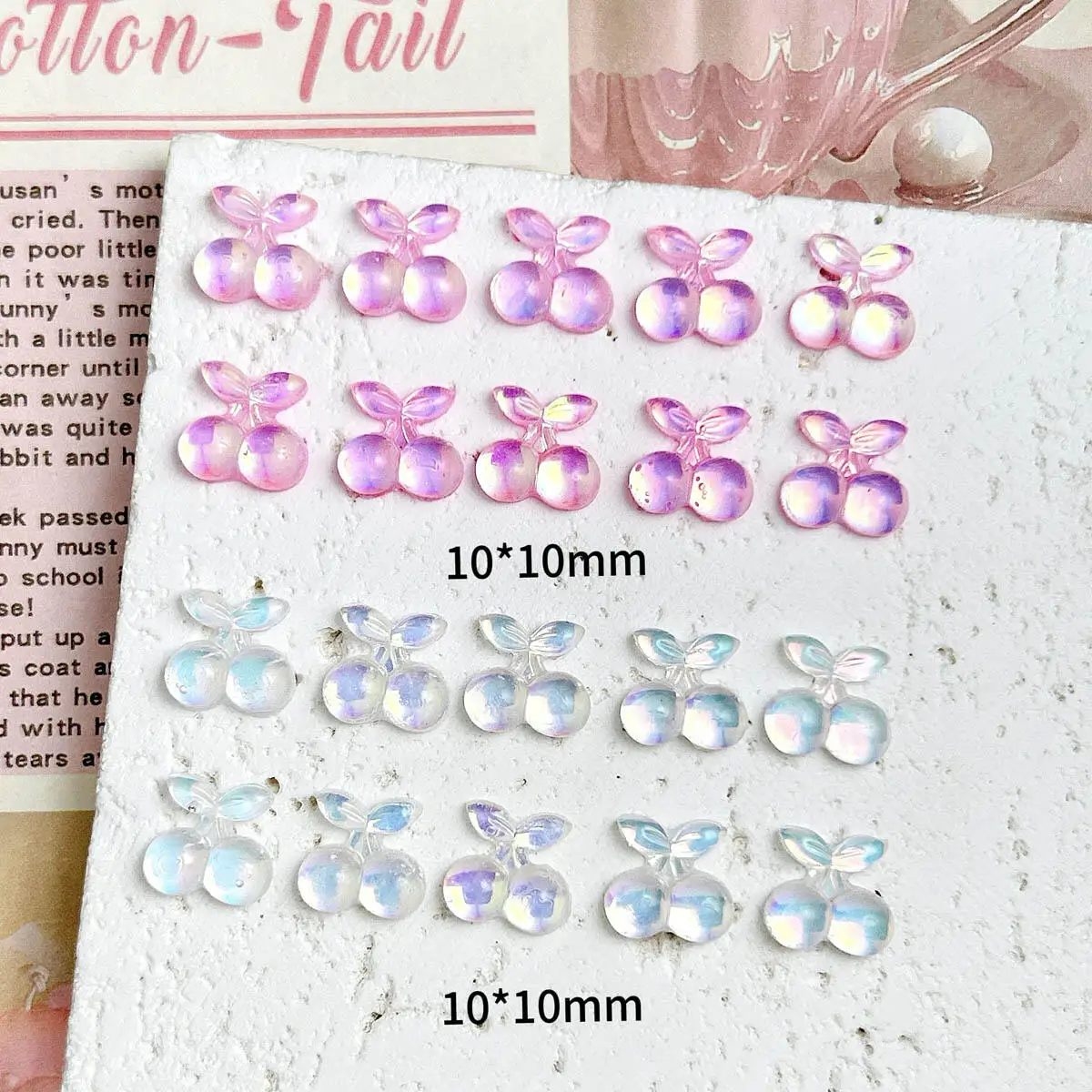 30개 귀여운 만화 3D 레진 체리 네일 아트 장식 반짝이는 투톤 체리 네일 참 매니큐어 DIY 수제 액세서리