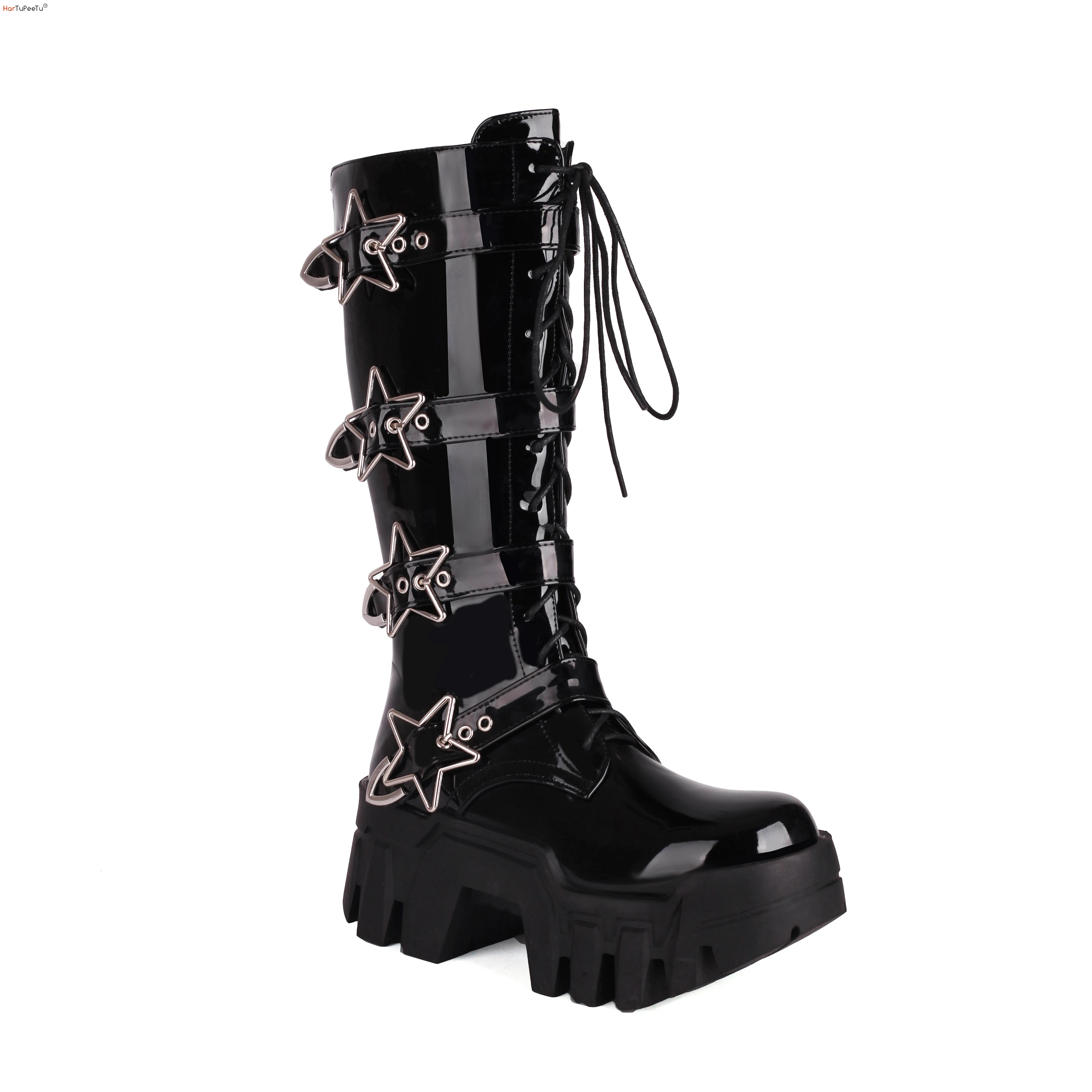 

Womens Punk Combat Boots High Platform Mid Calf Motorcycle Boots Goth Black Chunkiness Wedges Stars Heavy Silent Disco Shoes