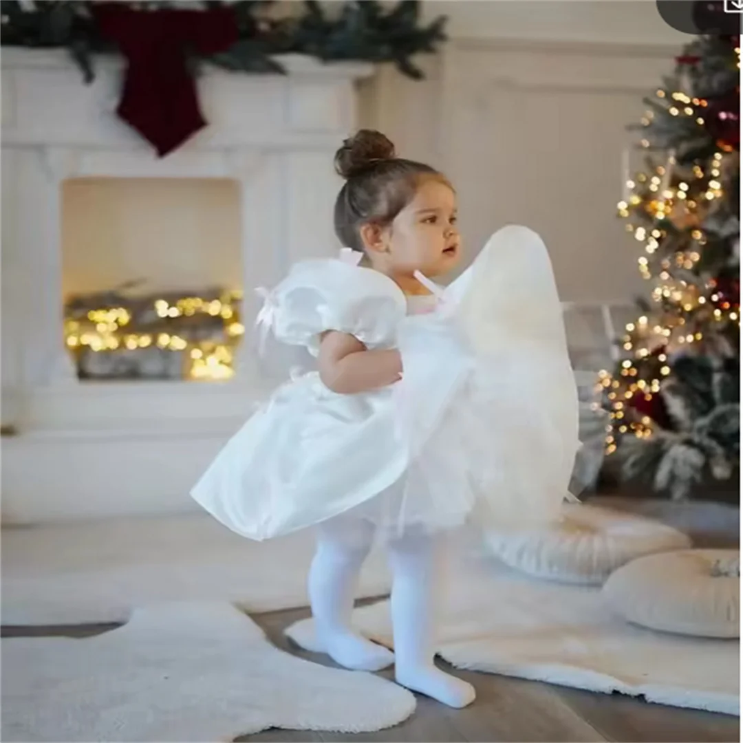 lvory Satin Girl Flowers Dress Bow Short Sleeves A Line Ball Gowns Princess Pleated Birthday Dress Customized