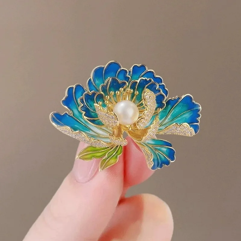 Chinese Style Purple Peony Flower Brooch For Women Dainty Plant Pearl Shiny Rhinestone Pins Party Office Wedding Corsage Jewelry