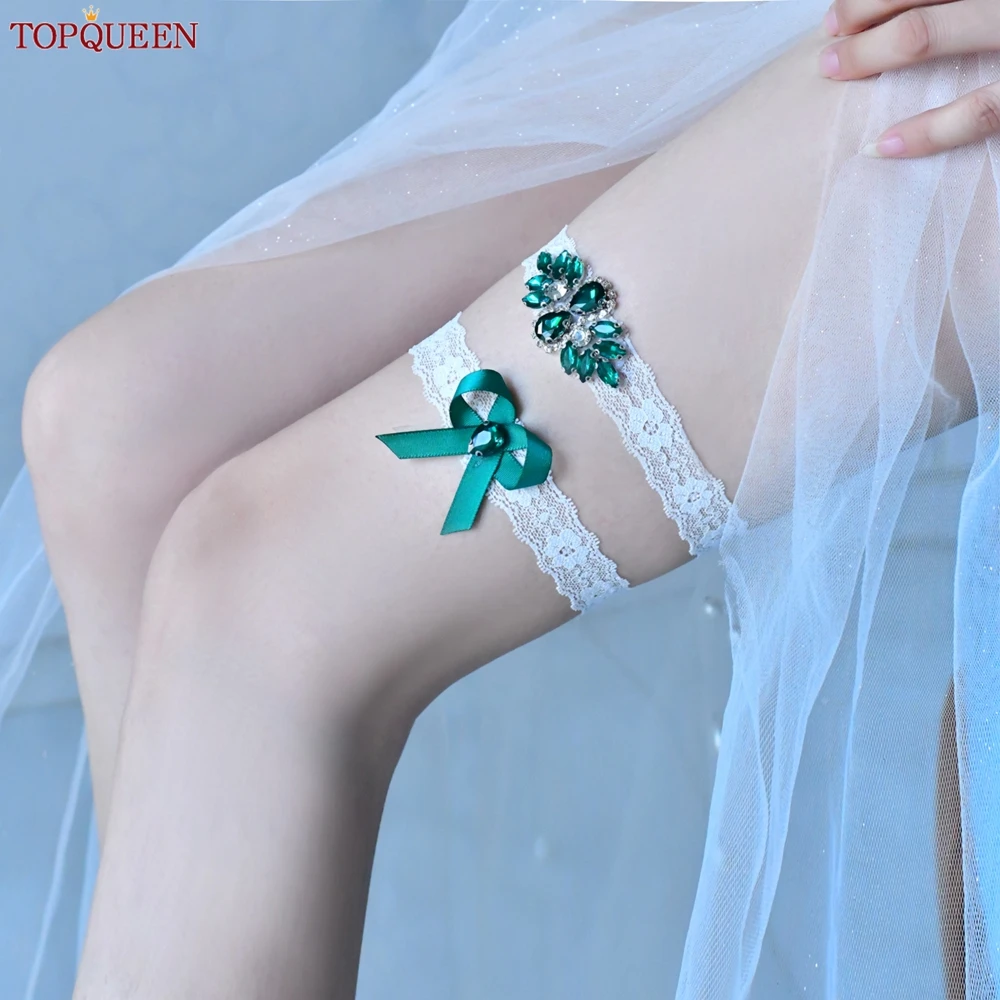 TOPQUEEN Sexy Thigh Garters Belt Green Rhinestones Luxury Lace Elastic suit leg ligueros wedding cinta liga porte jartelle ST61