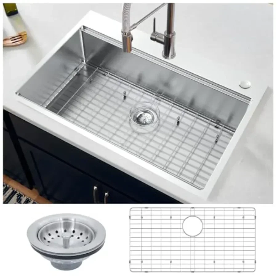33-Inch Undermount Kitchen Sink - Single Bowl Drop-in Sink for Modern Kitchens, Stainless Steel, Matte Black, Noise-Reducing wi