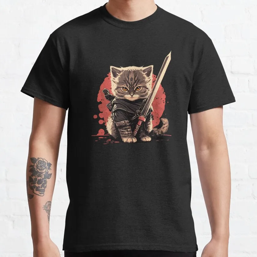 

Cute black cat kawaii Samurai Kitten ninja cat warrior sword T-Shirt kitty cat 100% cotton printed men's clothing