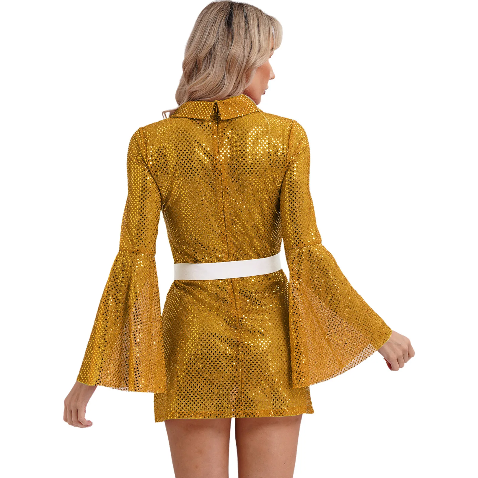 Women Sparkly Sequin Mesh Shirt Dress Vintage Disco Dance Outfits Turn-Down Collar Flare Long Sleeve A-Line Mini Party Dress