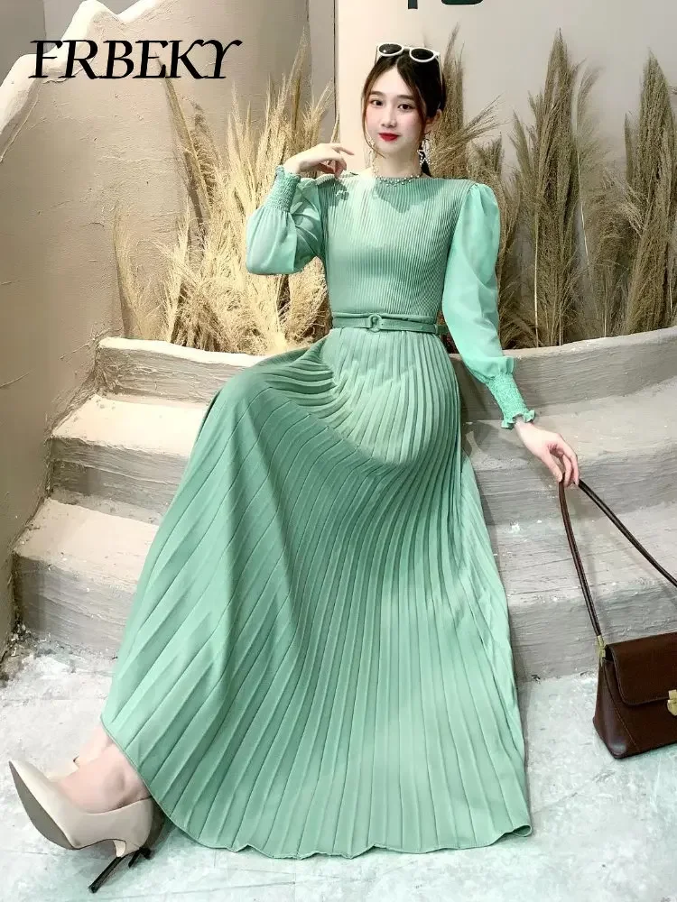 Pleated Dresses New Fashion Waist Slimming Temperament French Dress Elegant Long Sleeve Pleated Waistband Romper Evening Dresses