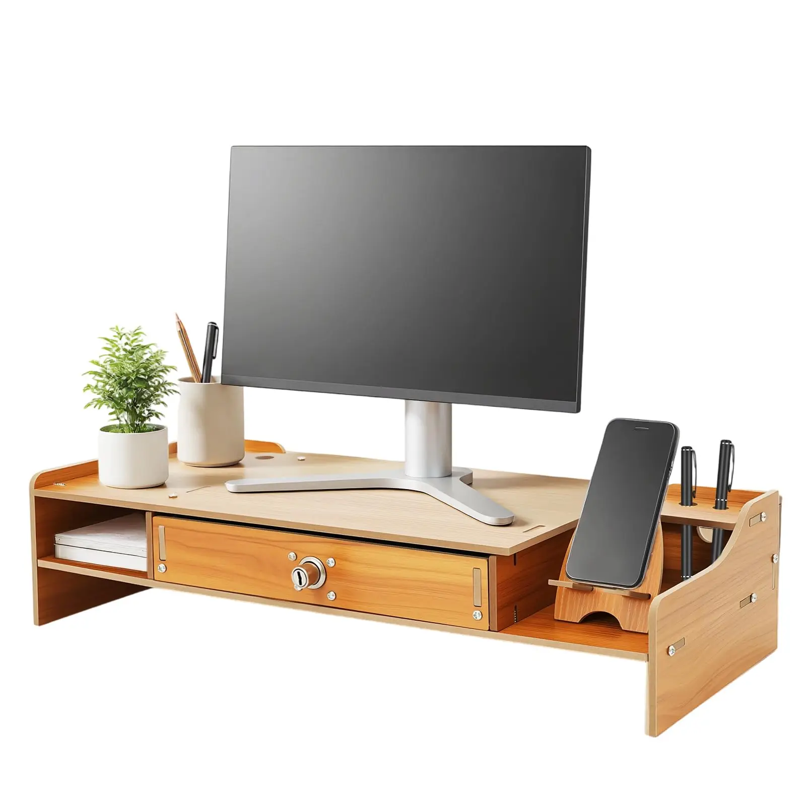 

Wood Desktop Monitor Stand, Laptop Computer Monitor Riser, Computer Desktop Monitor Stand with Drawer for Home & Office, Dark B