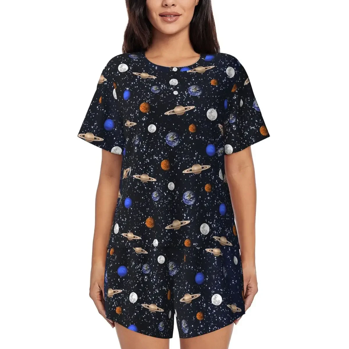 

Solar System Space Planets Universe Round Neck Short Sleeve Nightgowns for Sleeping Women Soft Pajama Set Short Pants