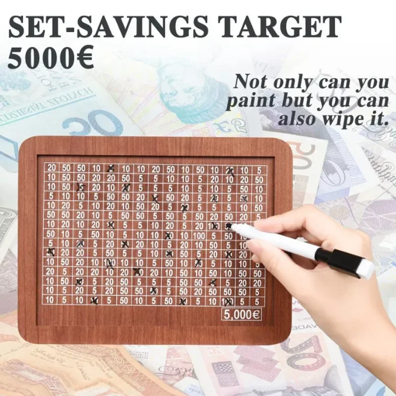 Sparschwein aus Holz, wiederverwendbare handgefertigte Spardose, Sparschwein mit Sorgang und Zahlen zur Überprüfung, um die Gewohnheit zu sparen