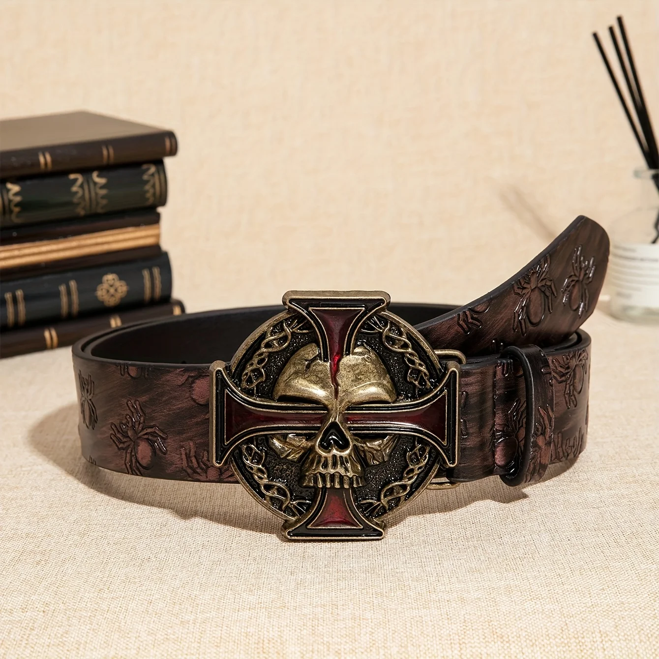 Men's coffee-colored retro dark style Y2K punk cross skull metal buckle spider pattern embossed belt, autumn and winter party ev view 4