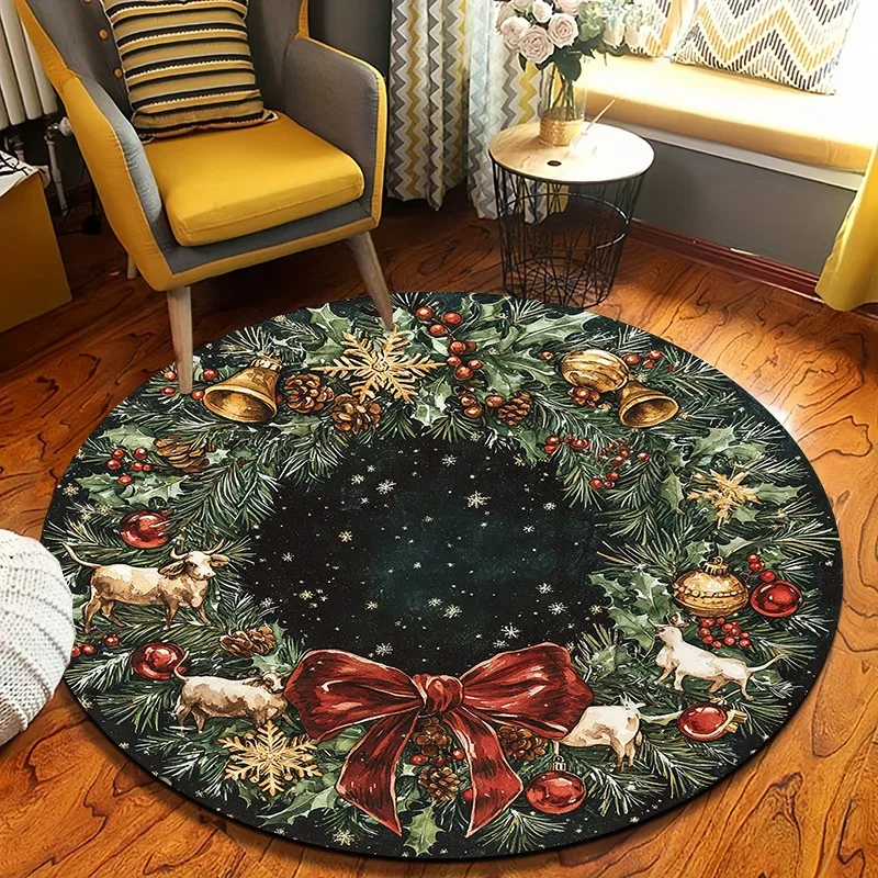 Reindeer Holiday Round Santa Sleigh With Flying Reindeer Dark Blue Night Sky Snow Falling Winter Scene 80x80cm