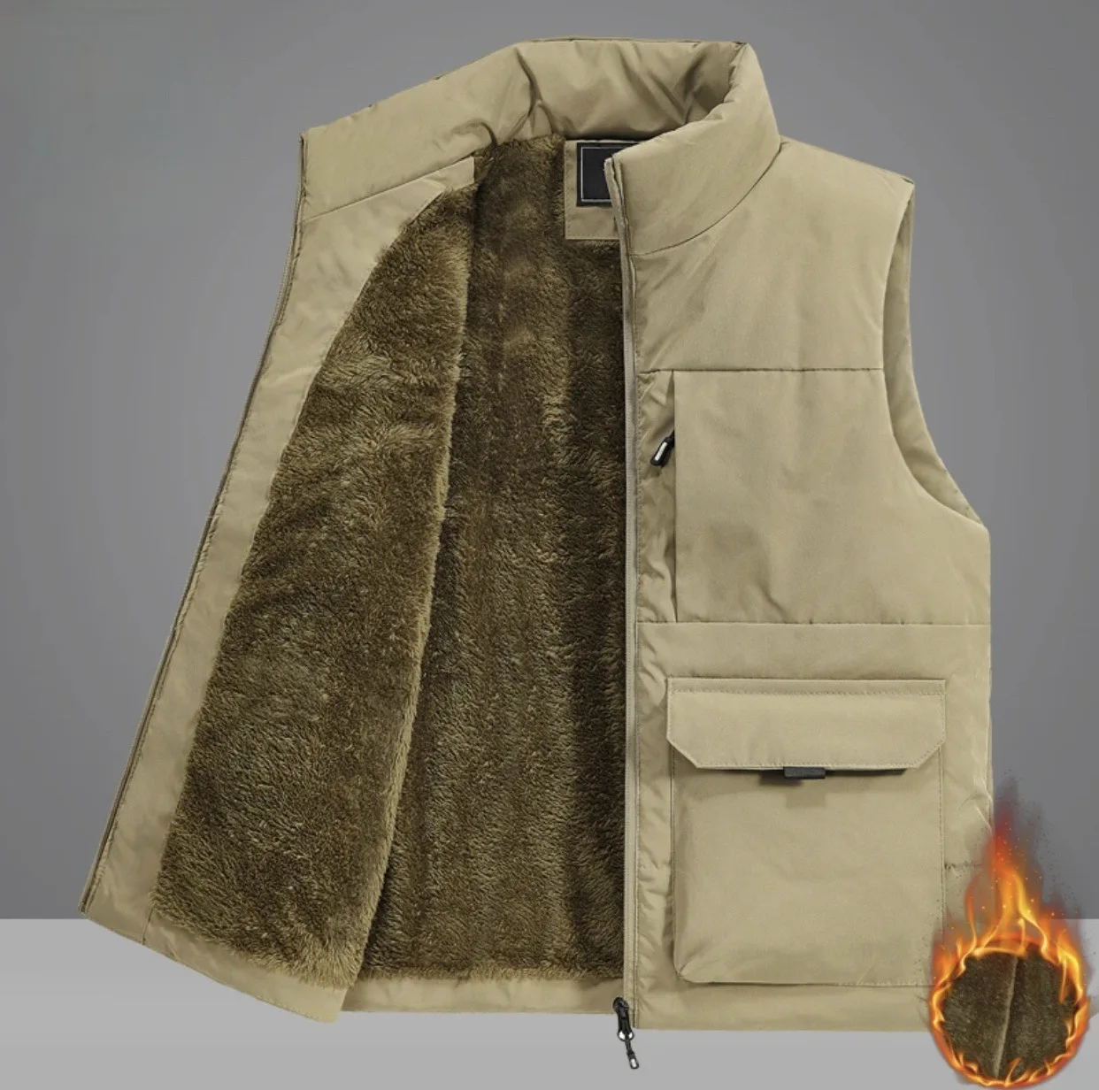 Men's Casual Stand Up Collar Vest Autumn and Winter Multi Pocket Plus Plush Thick Workwear Middle-aged Outerwear Camisole