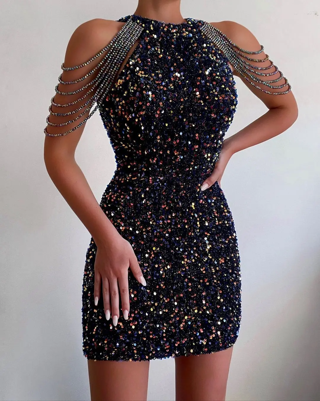 Sexy Beaded Wrap Body Evening Dress Women's Short Party Dress mid Waist Pure Color Wedding Company Annual Dinner Dress