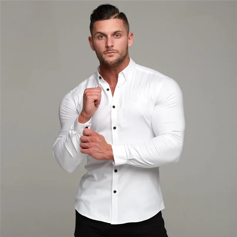 Men\'s Long Sleeve Super Slim Fit Plain Casual Shirt Spring Autumn Winter High Quality Turn Down Collar Business Dress Shirt Men