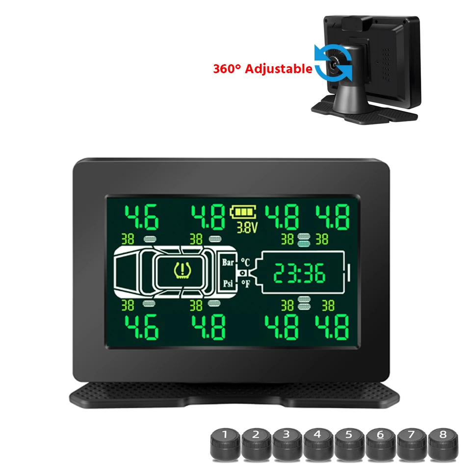 Vrachtwagen Auto Bandenspanningscontrolesysteem Solar TPMS 6/8 Interne en Externe Sensoren LCD Display Banden Alarm Monitor Auto Tester - afbeelding 2