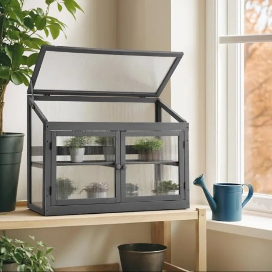 Cold frame greenhouse for outdoor gardening; made of natural wood; classic brown finish; durable, weather-resistant, and insula