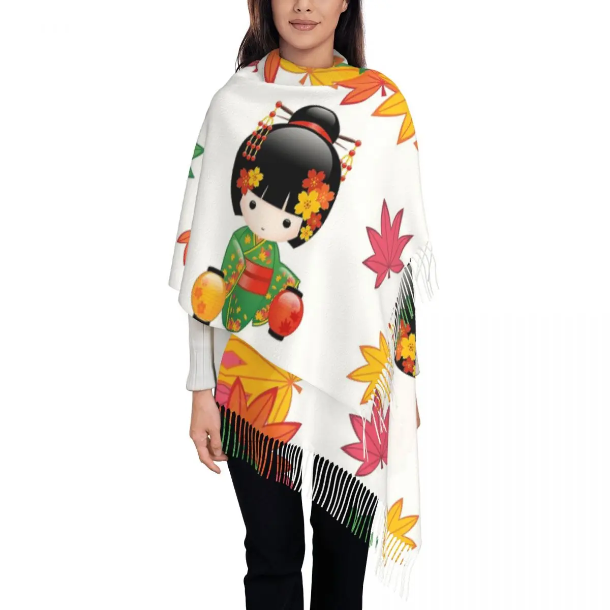 Japanese Fall Kokeshi Doll Scarf for Women Fall Winter Cashmere Shawls and Wrap Large Scarves with Tassel Daily Wear