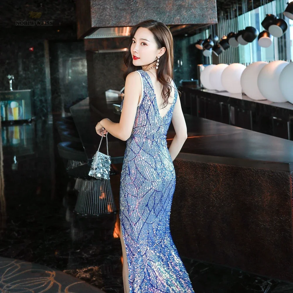 Sexy Prom Dresses Split Side Floor-Length In Stock Flexible Sequin V-Neck Evening Dresses Customized