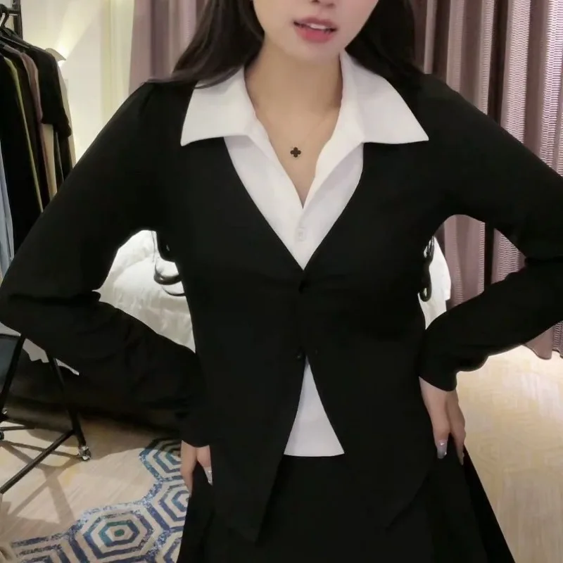 Hidden Meat Fake Two-piece Polo Shirt Top Autumn Temperament Slimming Slim T-shirt for Women